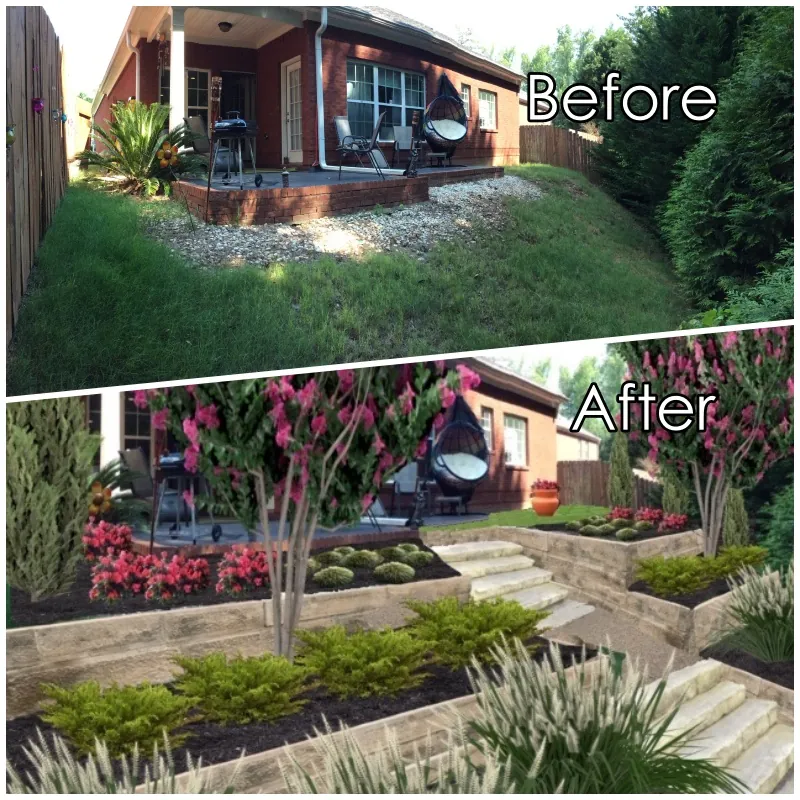 Before and after of a brick two-storey front elevation designed by YardSnaps