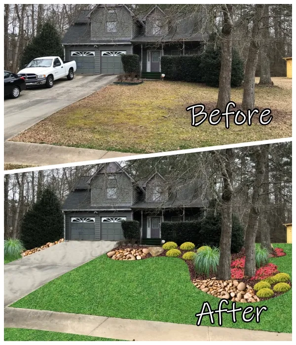 A Jonesboro ranch front yard, before and after a YardSnaps design