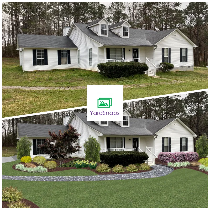 White ranch, layered foundation planting — Metro Atlanta
